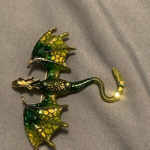 Dragon Brooch - Green and Gold Enamel with Rhinestones